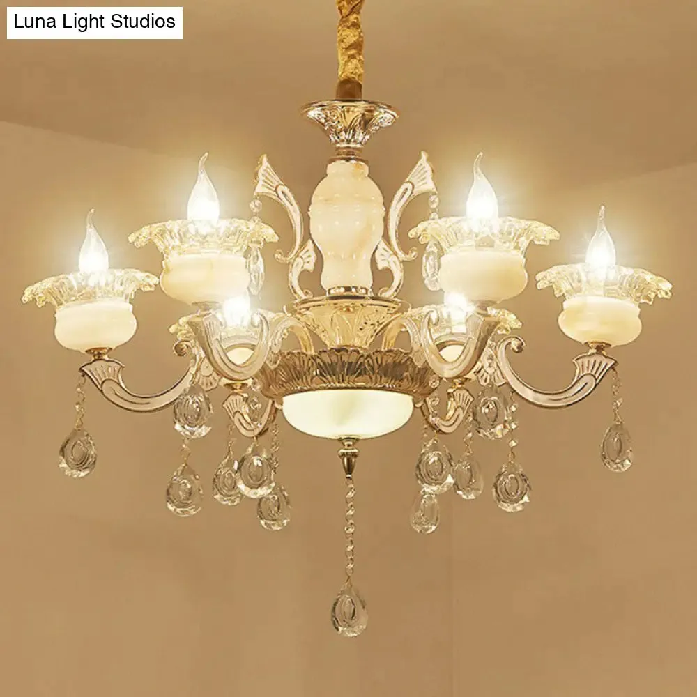 Classic White Faux Candle Chandelier for Living Room with Frosted Glass Pendant and Crystal Décor