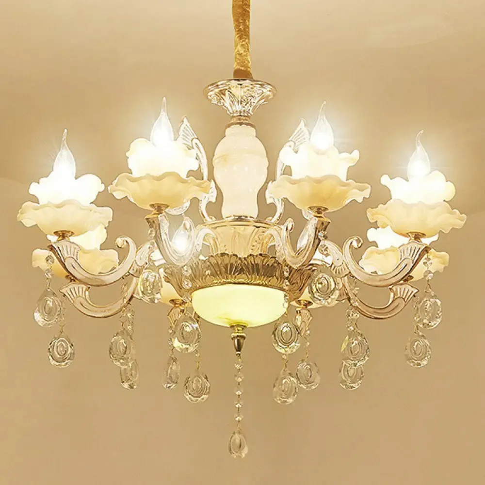 Classic White Faux Candle Chandelier for Living Room with Frosted Glass Pendant and Crystal Décor