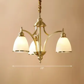 Colonial Style Brass Bell Chandelier Lamp with Cream Glass - Living Room Hanging Light Kit