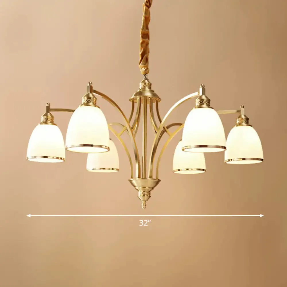 Colonial Style Brass Bell Chandelier Lamp with Cream Glass - Living Room Hanging Light Kit