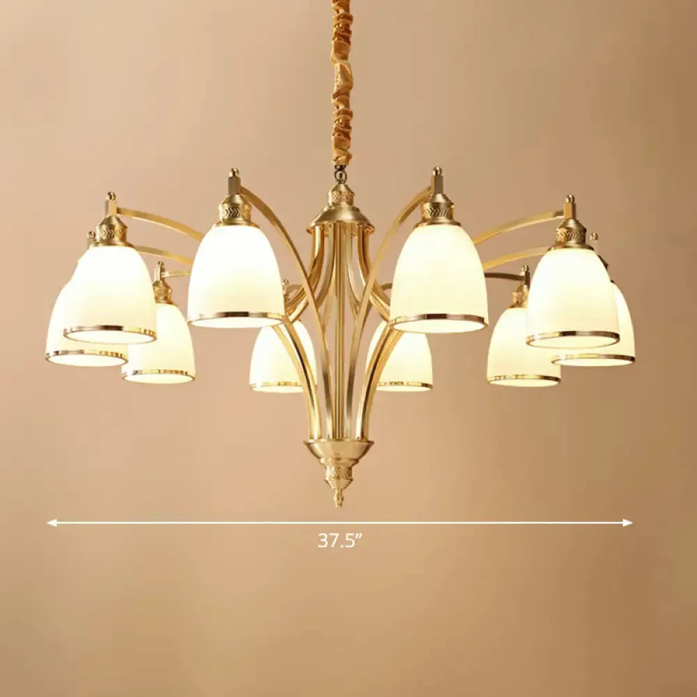 Colonial Style Brass Bell Chandelier Lamp with Cream Glass - Living Room Hanging Light Kit