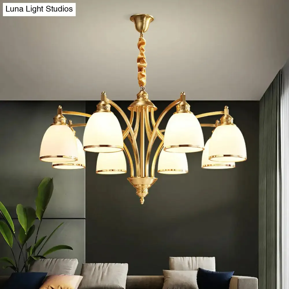 Colonial Style Brass Bell Chandelier Lamp with Cream Glass - Living Room Hanging Light Kit