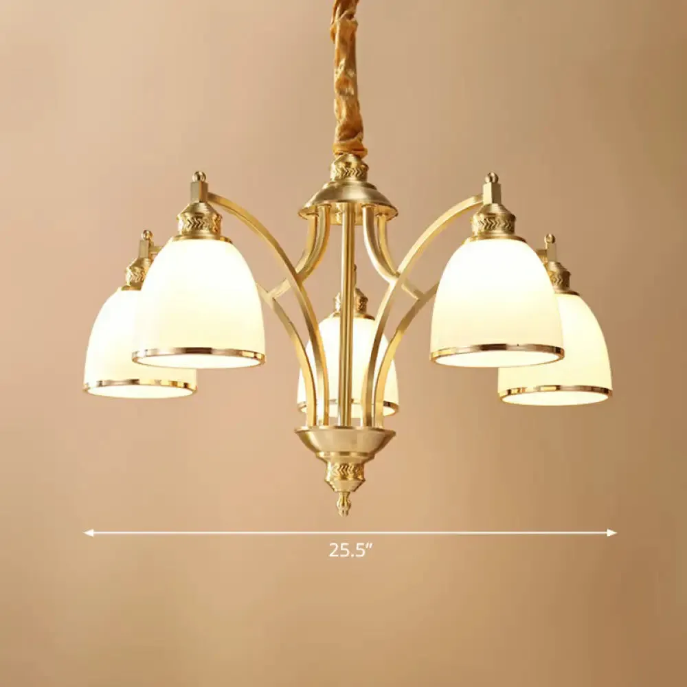 Colonial Style Brass Bell Chandelier Lamp with Cream Glass - Living Room Hanging Light Kit