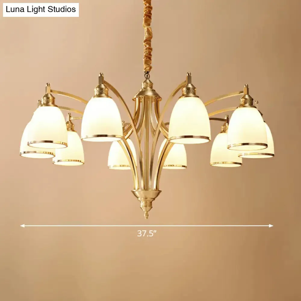 Colonial Style Brass Bell Chandelier Lamp with Cream Glass - Living Room Hanging Light Kit