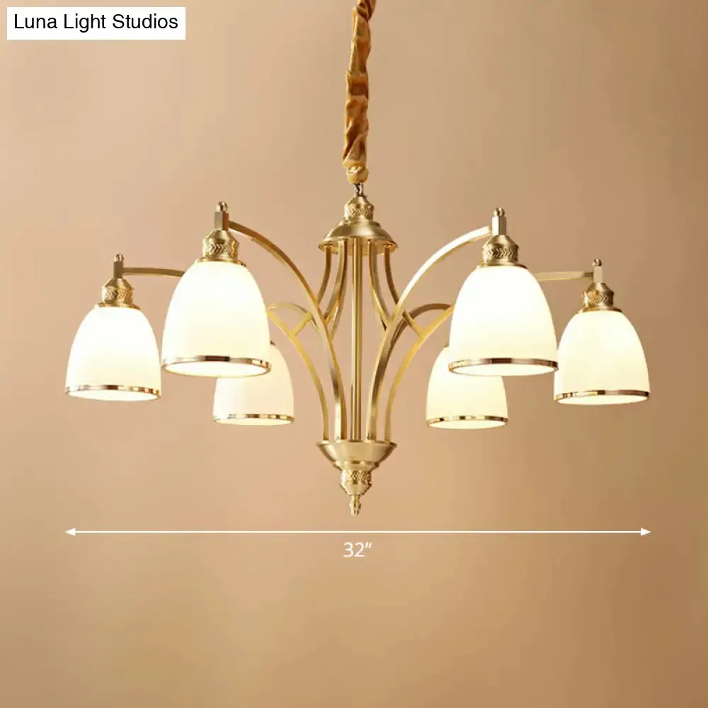 Colonial Style Brass Bell Chandelier Lamp with Cream Glass - Living Room Hanging Light Kit