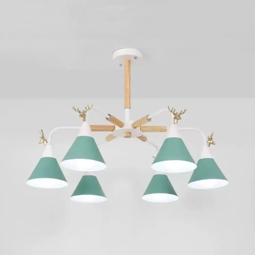 Conical Pendant Light with Antlers: Metal Design, 6 Lights for Dining Room or Kitchen