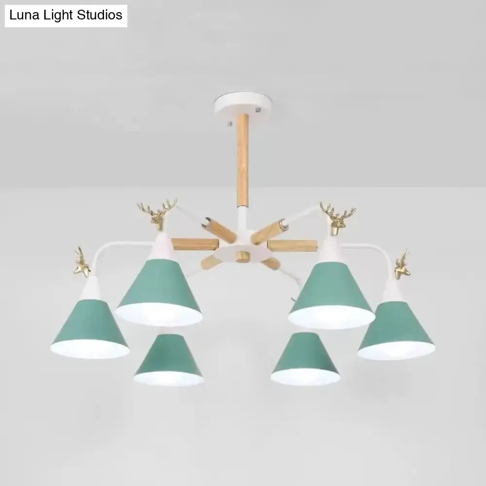 Conical Pendant Light with Antlers: Metal Design, 6 Lights for Dining Room or Kitchen