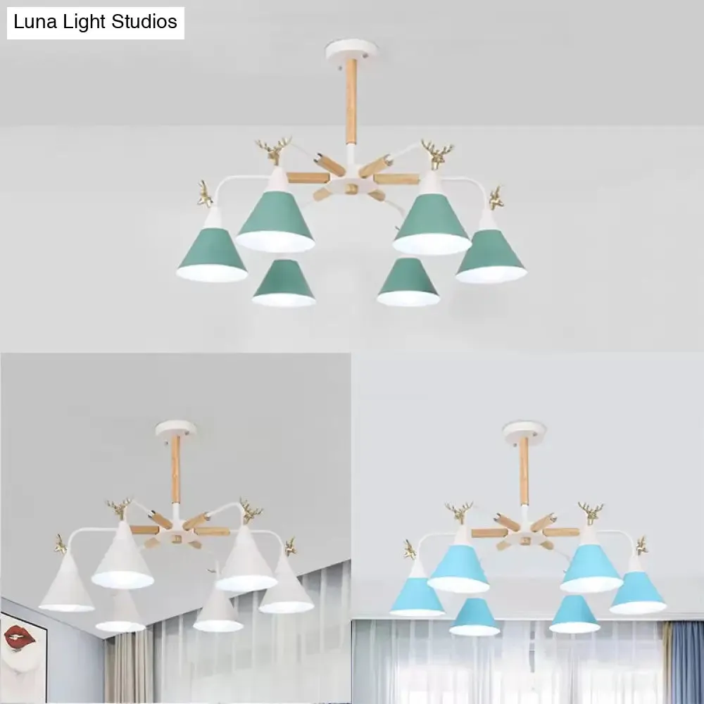 Conical Pendant Light with Antlers: Metal Design, 6 Lights for Dining Room or Kitchen