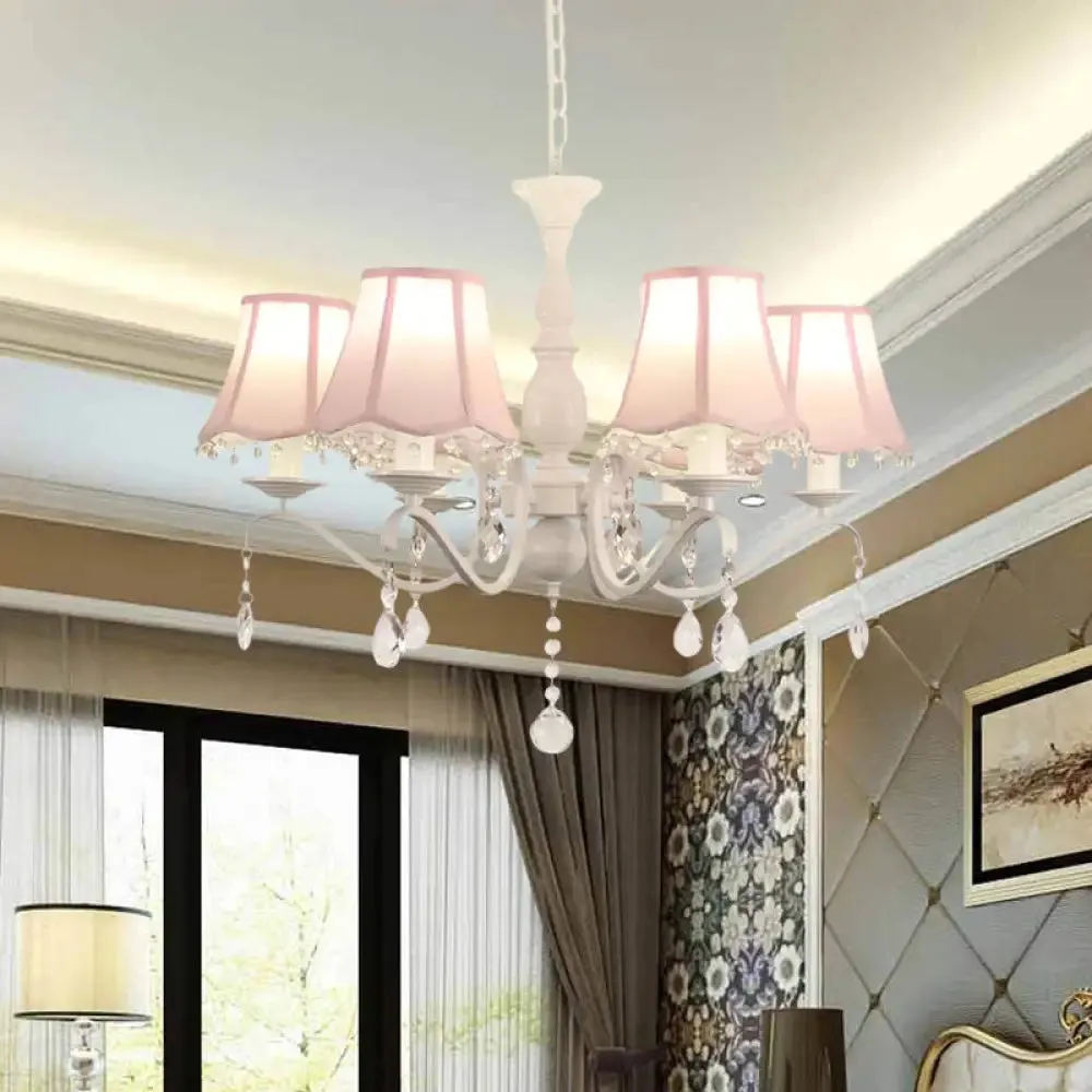 Contemporary 6-Light Pink/Blue Scalloped Fabric Pendant Chandelier with Crystal Droplet