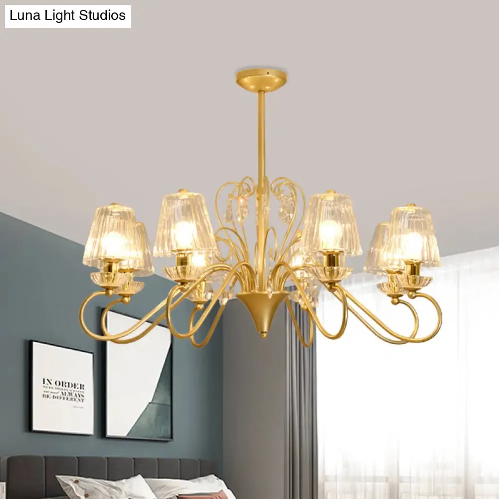 Contemporary Crystal Pendant Chandelier with Ribbed Cone Shades and Swirl Arm in Black-Gold/Gold - 6/8-Light