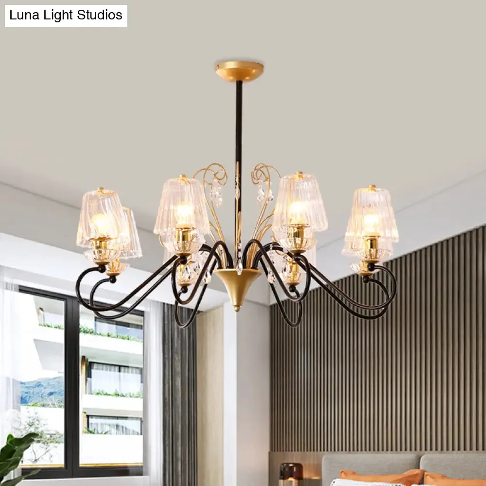 Contemporary Crystal Pendant Chandelier with Ribbed Cone Shades and Swirl Arm in Black-Gold/Gold - 6/8-Light