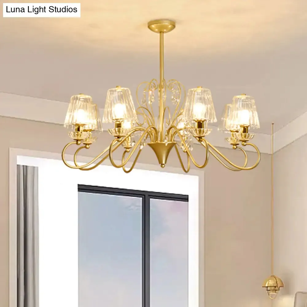 Contemporary Crystal Pendant Chandelier with Ribbed Cone Shades and Swirl Arm in Black-Gold/Gold - 6/8-Light