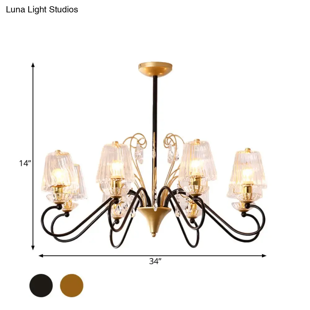 Contemporary Crystal Pendant Chandelier with Ribbed Cone Shades and Swirl Arm in Black-Gold/Gold - 6/8-Light