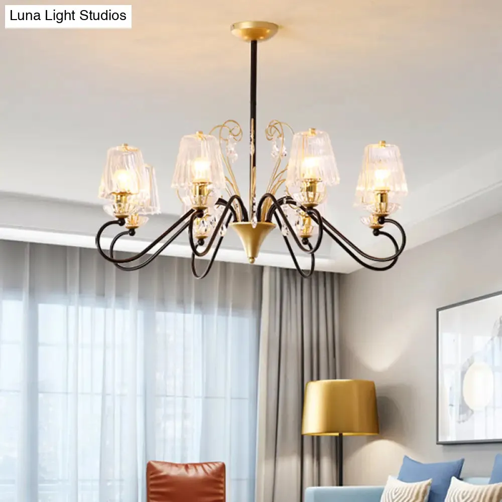 Contemporary Crystal Pendant Chandelier with Ribbed Cone Shades and Swirl Arm in Black-Gold/Gold - 6/8-Light