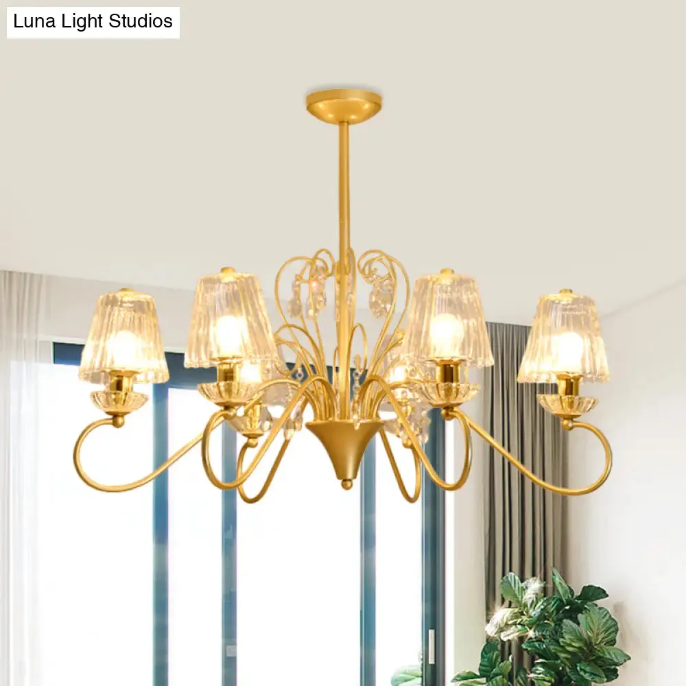 Contemporary Crystal Pendant Chandelier with Ribbed Cone Shades and Swirl Arm in Black-Gold/Gold - 6/8-Light