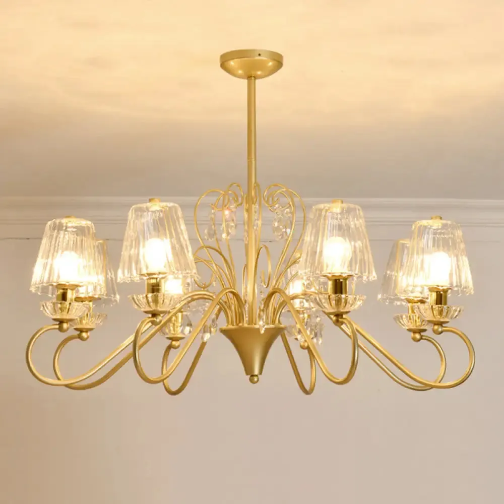 Contemporary Crystal Pendant Chandelier with Ribbed Cone Shades and Swirl Arm in Black-Gold/Gold - 6/8-Light