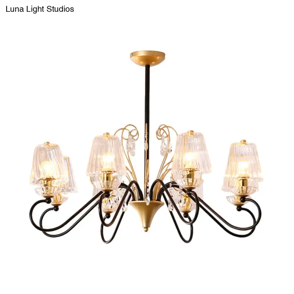 Contemporary Crystal Pendant Chandelier with Ribbed Cone Shades and Swirl Arm in Black-Gold/Gold - 6/8-Light