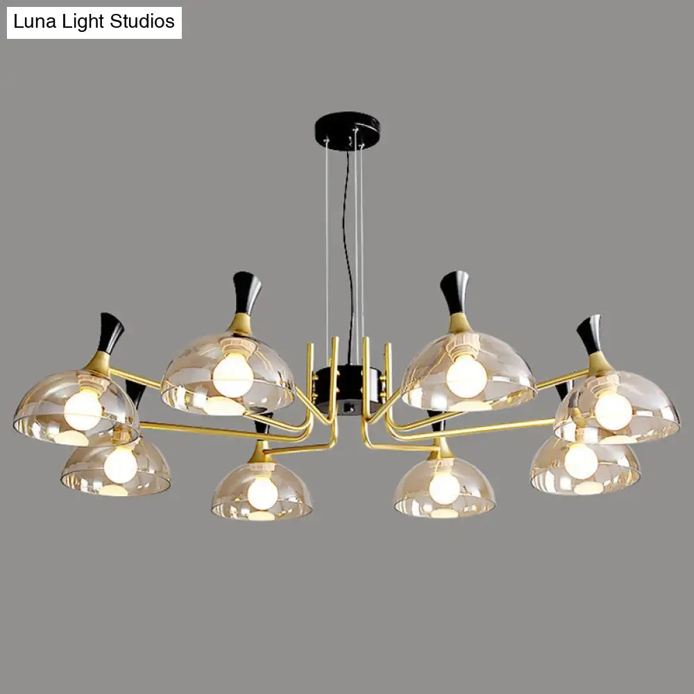 Contemporary Hanging Chandelier with Bowl Shaped Glass and Grip in Black-Brass for Restaurants