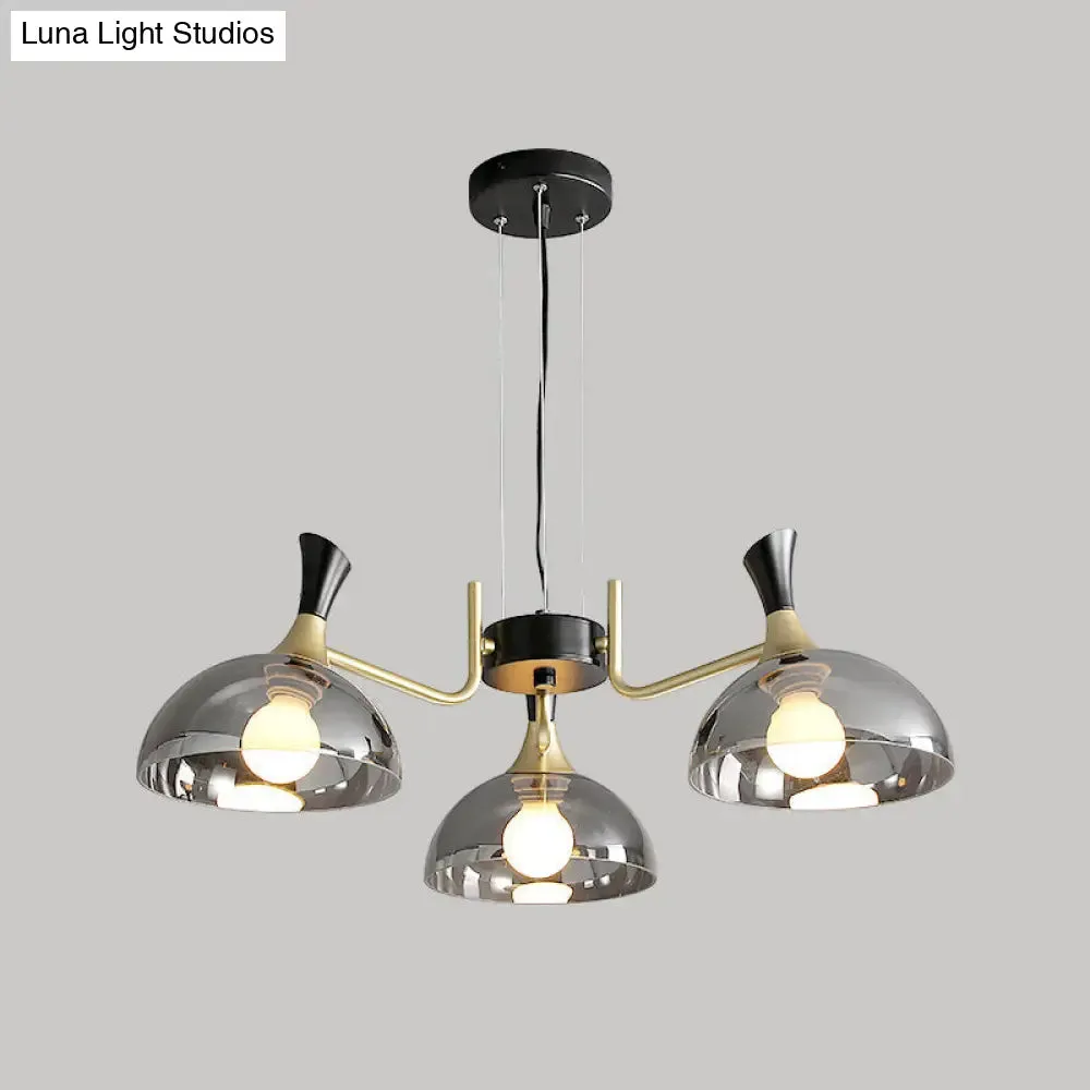 Contemporary Hanging Chandelier with Bowl Shaped Glass and Grip in Black-Brass for Restaurants