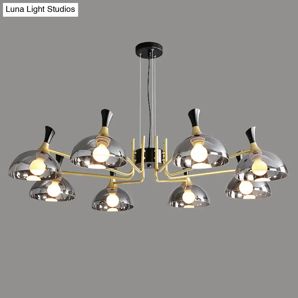 Contemporary Hanging Chandelier with Bowl Shaped Glass and Grip in Black-Brass for Restaurants