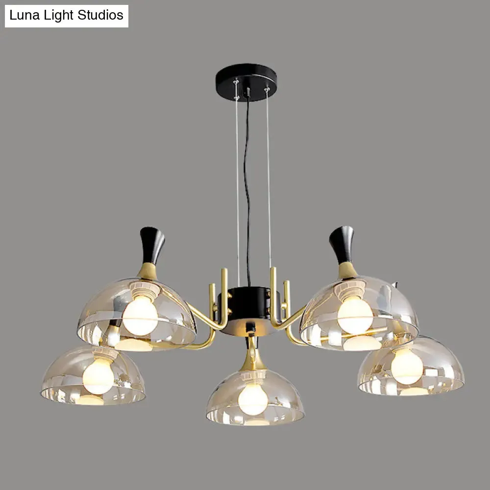 Contemporary Hanging Chandelier with Bowl Shaped Glass and Grip in Black-Brass for Restaurants