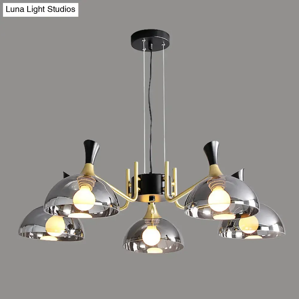 Contemporary Hanging Chandelier with Bowl Shaped Glass and Grip in Black-Brass for Restaurants