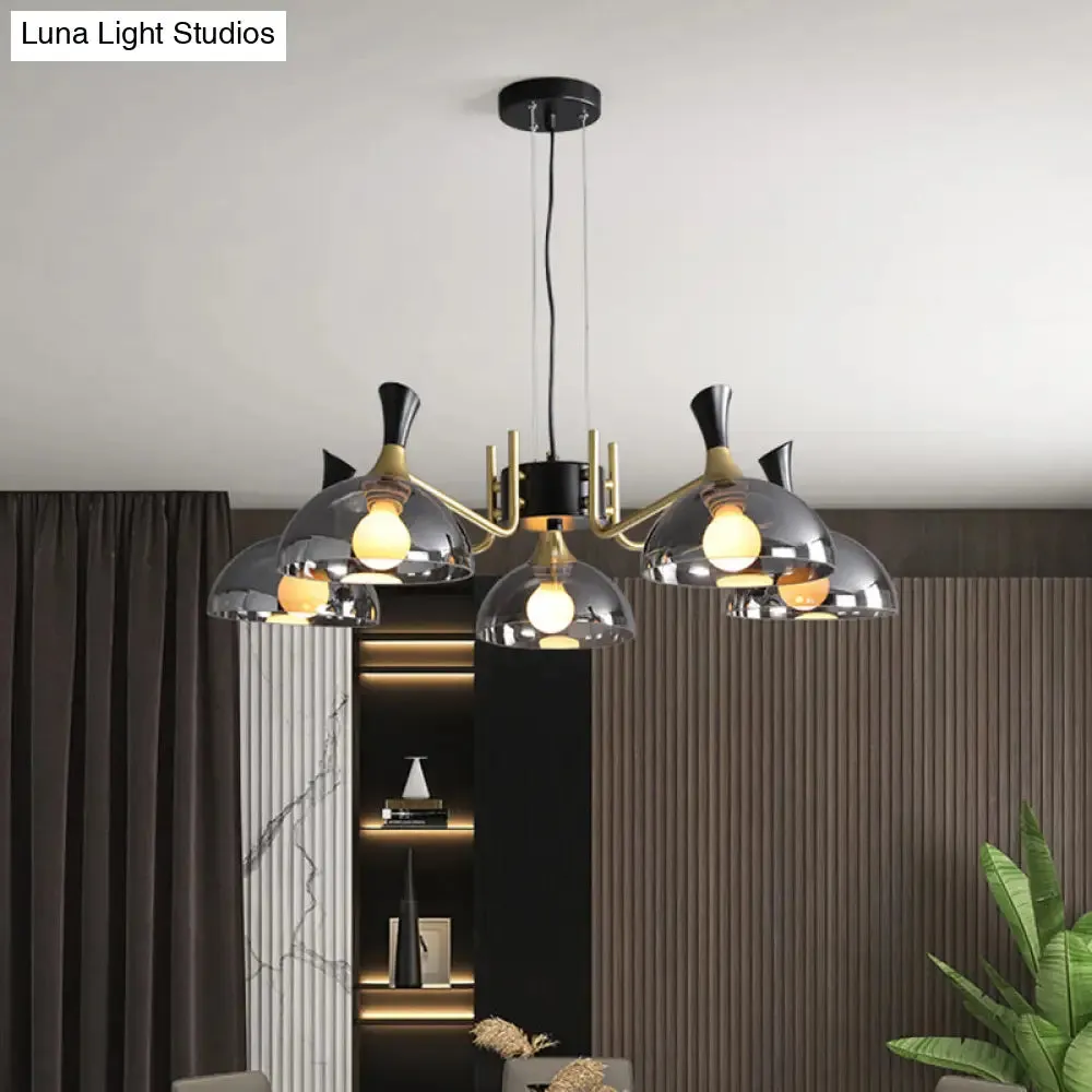 Contemporary Hanging Chandelier with Bowl Shaped Glass and Grip in Black-Brass for Restaurants