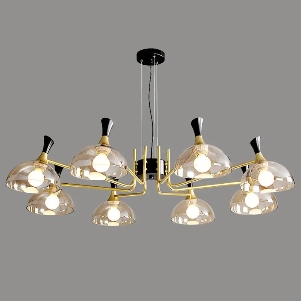 Contemporary Hanging Chandelier with Bowl Shaped Glass and Grip in Black-Brass for Restaurants