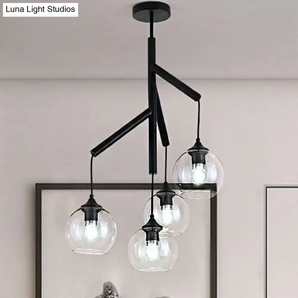 Contemporary Metal Branch Chandelier - 4-Light Black Pendant Lamp with Clear Glass Shade