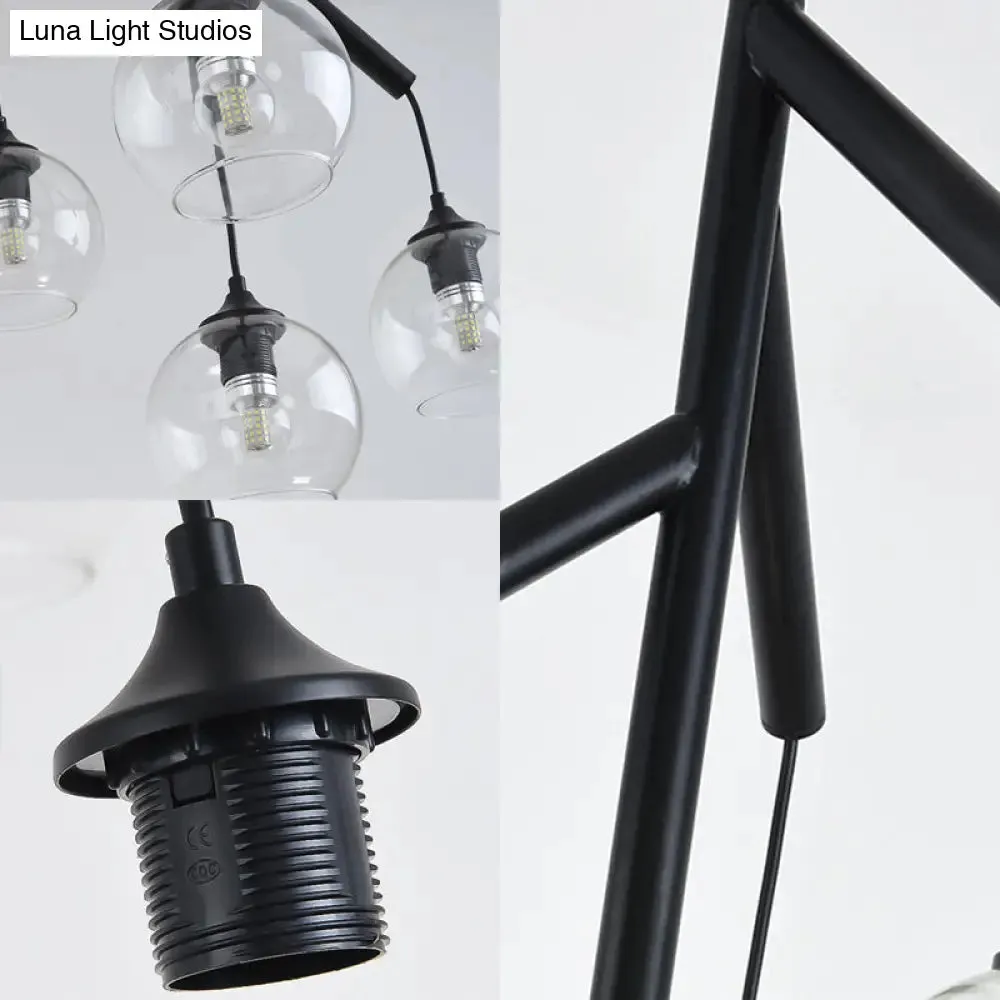 Contemporary Metal Branch Chandelier - 4-Light Black Pendant Lamp with Clear Glass Shade