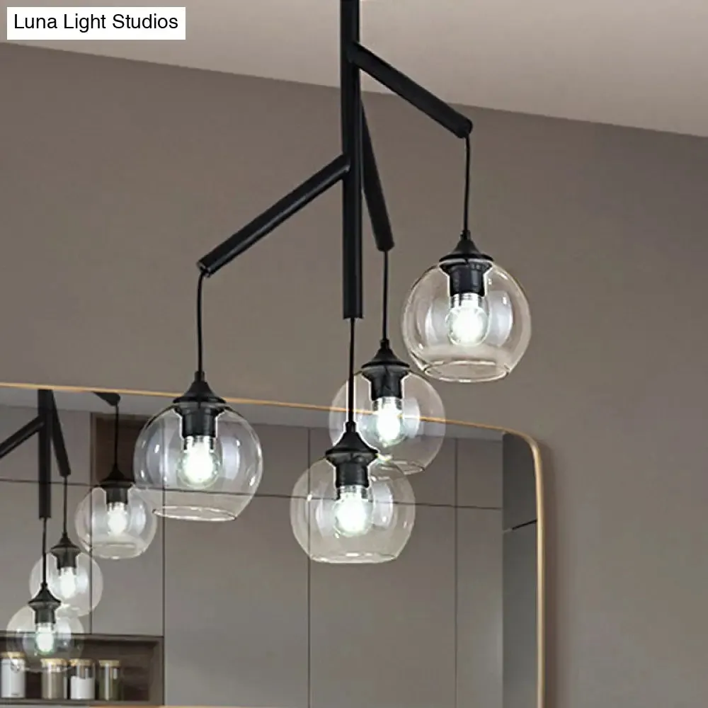 Contemporary Metal Branch Chandelier - 4-Light Black Pendant Lamp with Clear Glass Shade