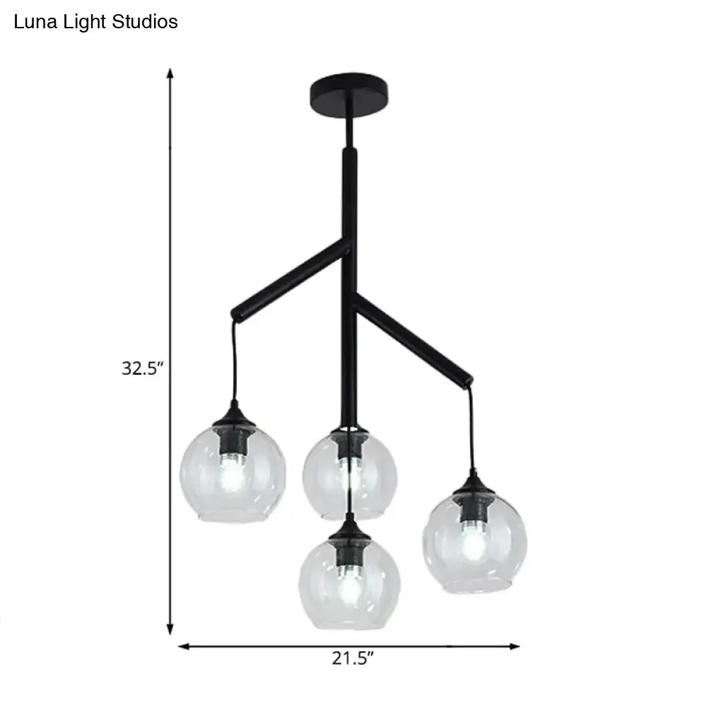 Contemporary Metal Branch Chandelier - 4-Light Black Pendant Lamp with Clear Glass Shade