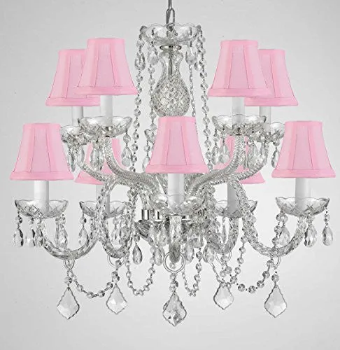 Crystal Chandelier Lighting With Pink Shades H 25" X W 24" - G46-Pinkshades/Cs/1122/5 5