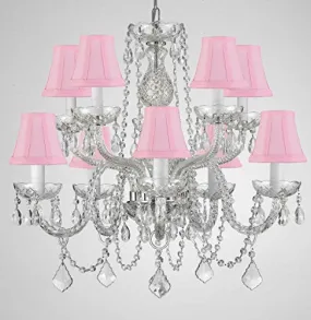 Crystal Chandelier Lighting With Pink Shades H 25" X W 24" - G46-Pinkshades/Cs/1122/5 5