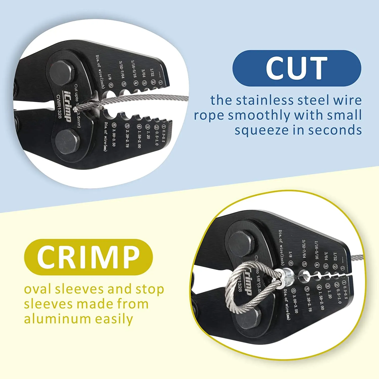 CWR1328 Wire Rope Crimping Tool with Cutting function, Swaging Tool for  1/32"-1/8" Aluminum Oval Sleeves, Wire Rope Cables