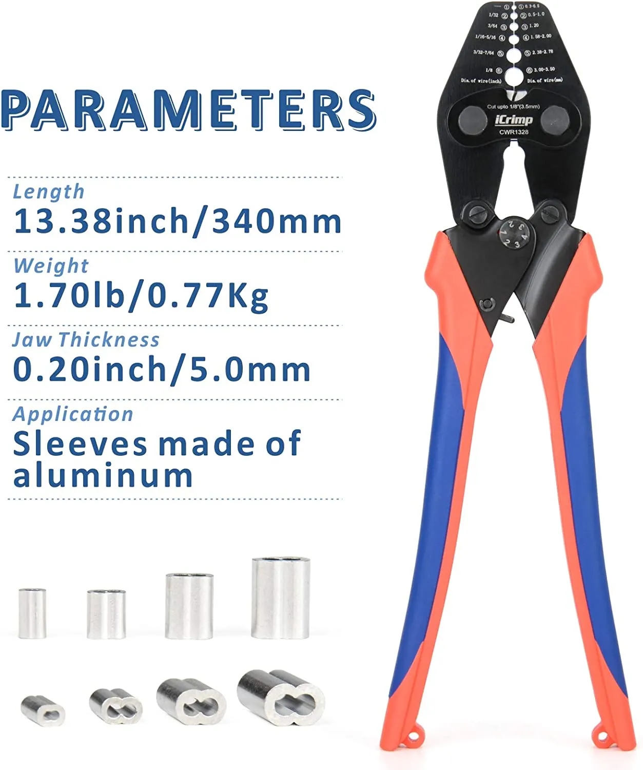 CWR1328 Wire Rope Crimping Tool with Cutting function, Swaging Tool for  1/32"-1/8" Aluminum Oval Sleeves, Wire Rope Cables