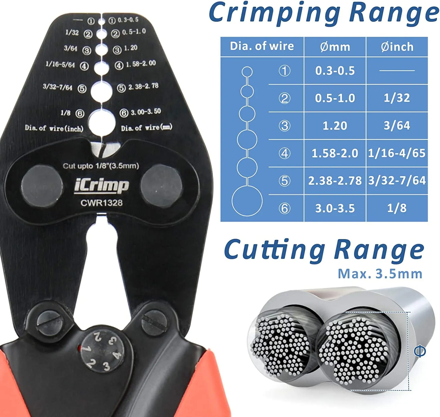 CWR1328 Wire Rope Crimping Tool with Cutting function, Swaging Tool for  1/32"-1/8" Aluminum Oval Sleeves, Wire Rope Cables