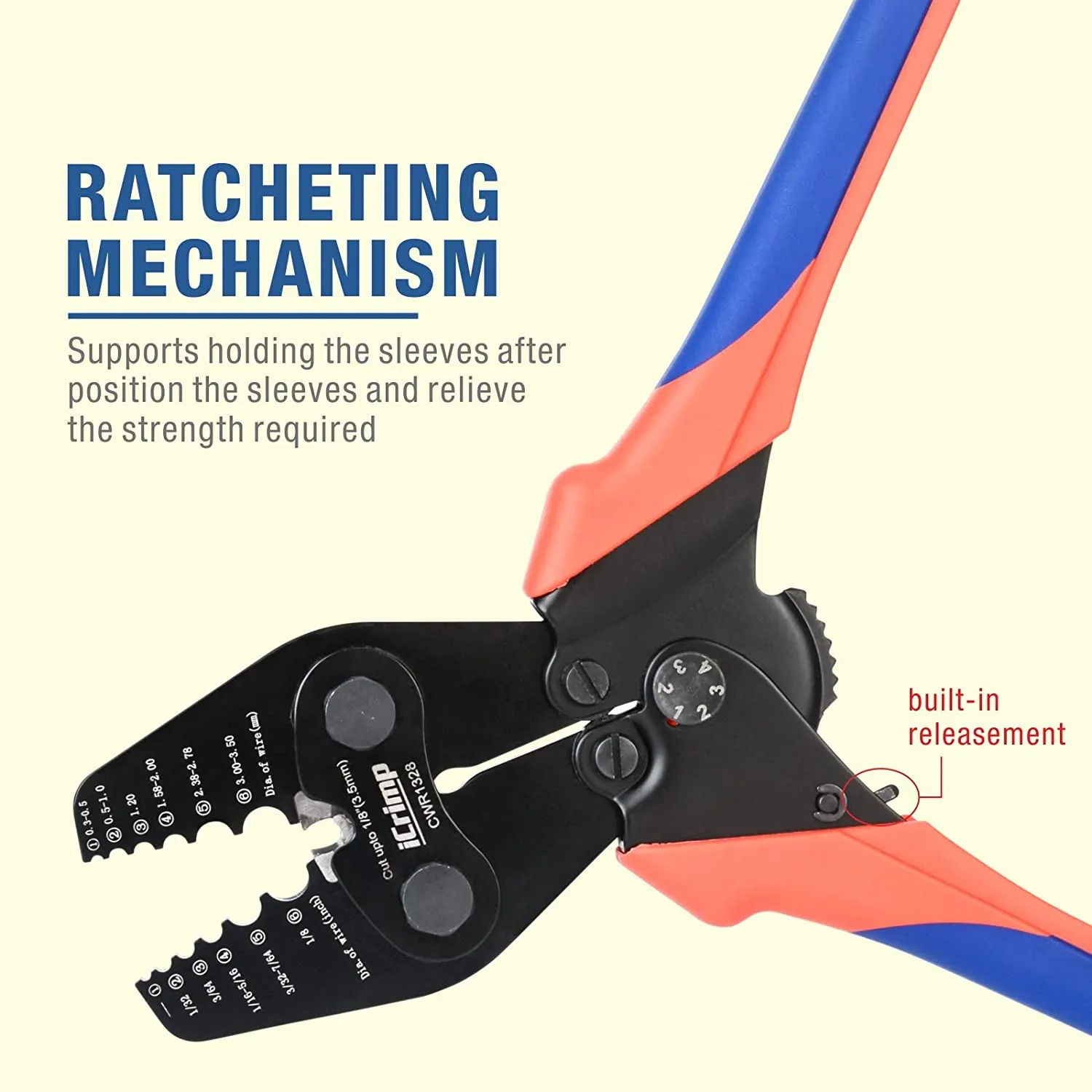 CWR1328 Wire Rope Crimping Tool with Cutting function, Swaging Tool for  1/32"-1/8" Aluminum Oval Sleeves, Wire Rope Cables