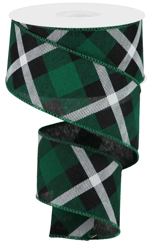 Diagonal Plaid Wired Christmas Ribbon - 2 1/2 inch x 10 Yards, Green, Black & White Plaid