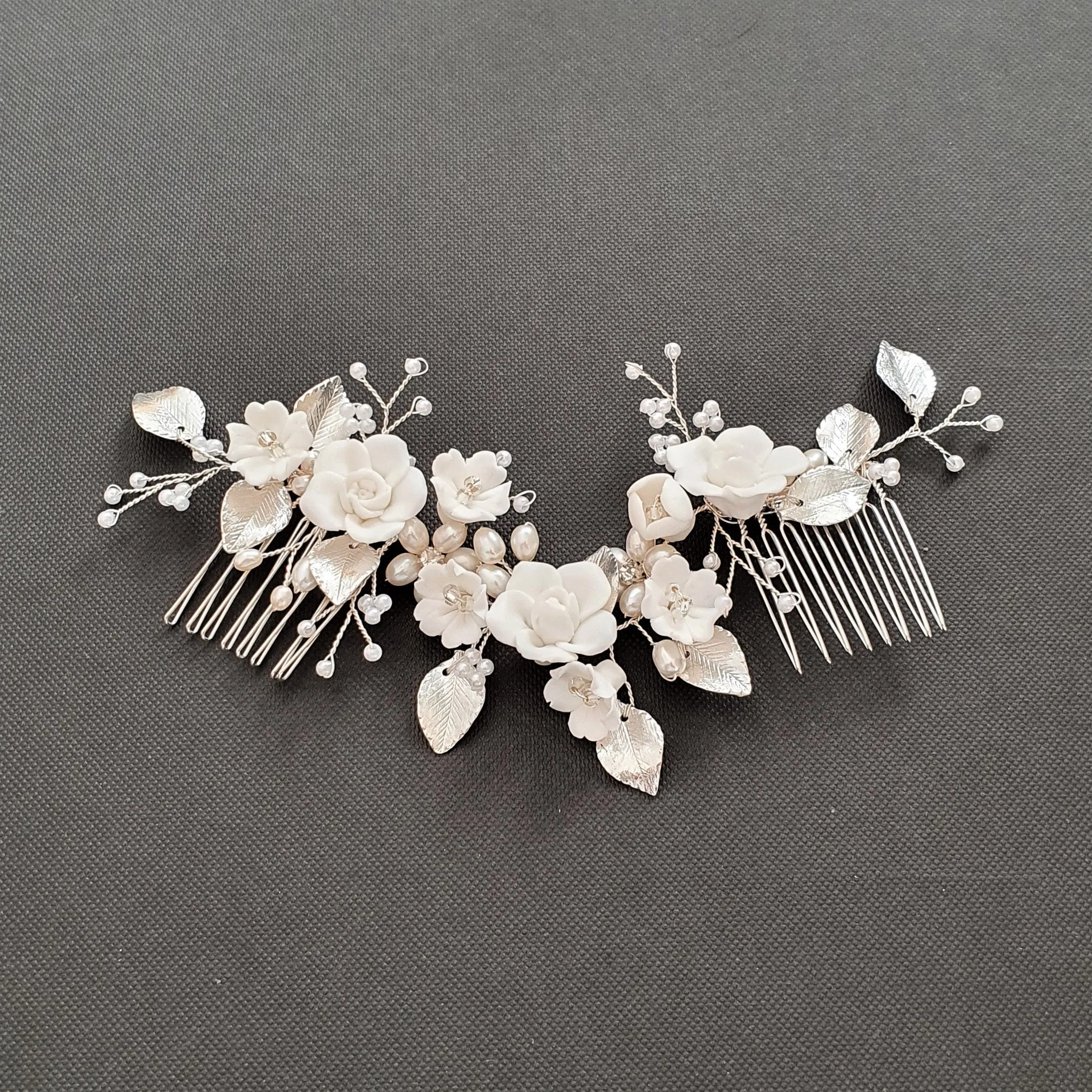 Double Comb Bridal Hairpiece with White Flowers-Blossom