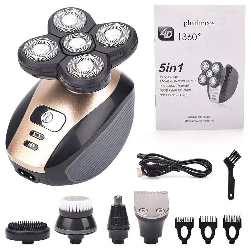 Electronic 5 In 1 4D Men&#39;s Rechargeable Bald Head Electric Shaver 5 Floating Heads Beard Nose Ear Hair Trimmer Razor Clipper Facial Brush