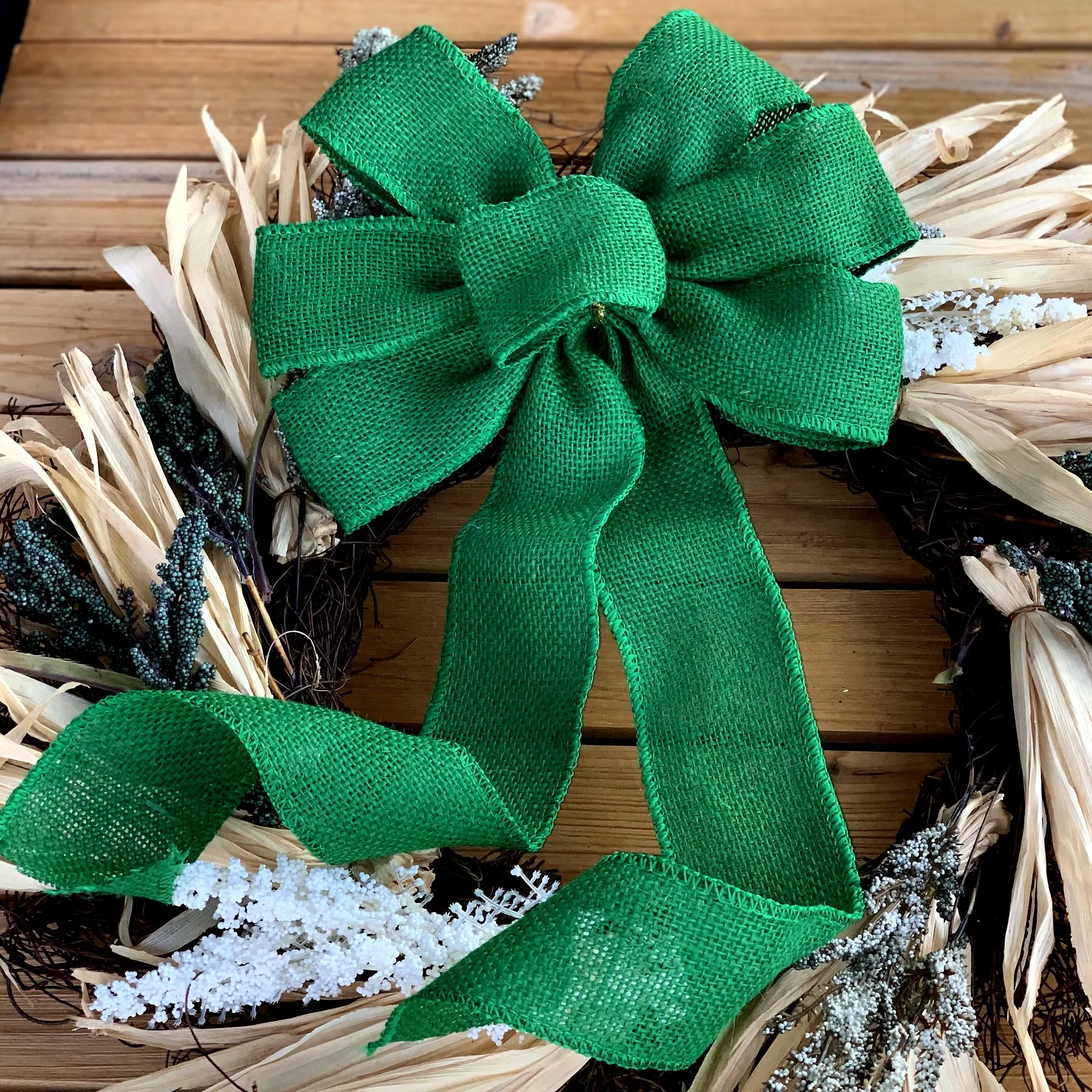 Emerald Green Burlap Wreath Bow - 10" Wide, 18" Long Tails