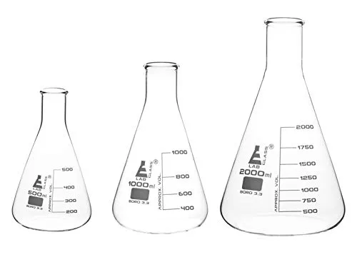 Erlenmeyer Flasks Set, 3 Pieces - 500ml, 1000ml & 2000ml - Borosilicate Glass - Narrow Neck, Conical Shape - White Graduations - Eisco Labs