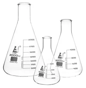 Erlenmeyer Flasks Set, 3 Pieces - 500ml, 1000ml & 2000ml - Borosilicate Glass - Narrow Neck, Conical Shape - White Graduations - Eisco Labs