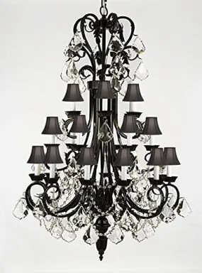 Foyer / Entryway Wrought Iron Chandelier 50" Inches Tall With Crystal And With Black Shades H50" X W30" - A84-B12/Blackshades/724/24