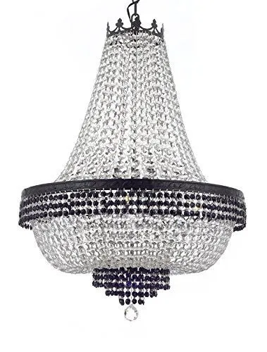 French Empire Crystal Chandelier Chandeliers Lighting Trimmed With Jet Black Crystal With Dark Antique Finish H30" X W24" Good For Dining Room Foyer Entryway Family Room And More - F93-B87/Cb/870/9