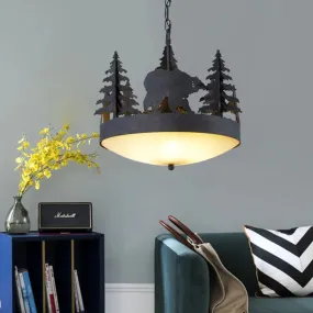 Frosted Glass Bowl Chandelier - 3-Light Pendant Light in Black with Tree and Bear Detailing