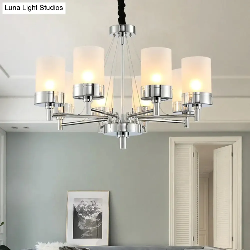 Frosted Glass Cylinder Chandelier - Modernist Pendant Light in Chrome with 8 Hanging Heads