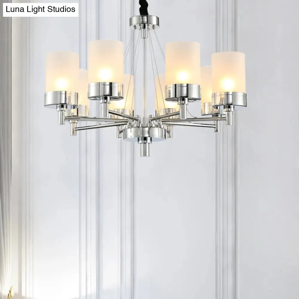 Frosted Glass Cylinder Chandelier - Modernist Pendant Light in Chrome with 8 Hanging Heads