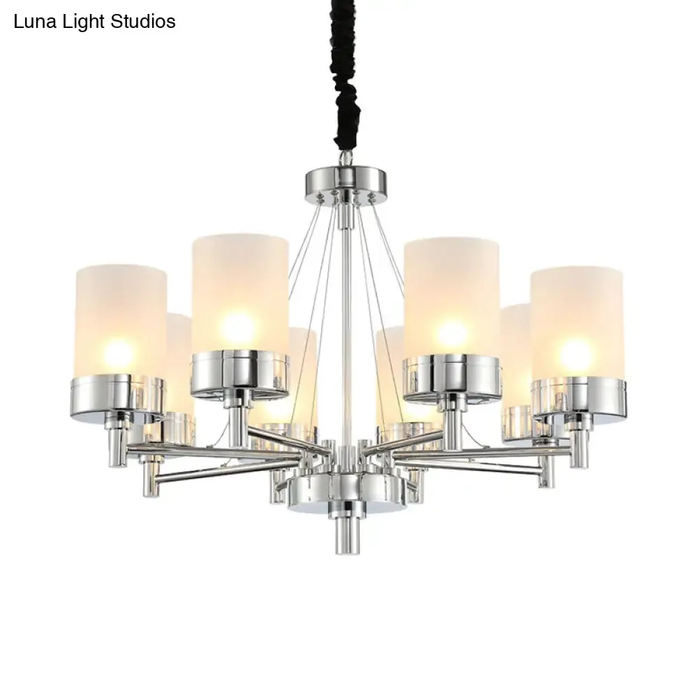 Frosted Glass Cylinder Chandelier - Modernist Pendant Light in Chrome with 8 Hanging Heads